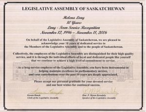 Long-term Service Recognition, Saskatchewan Legislative Assembly